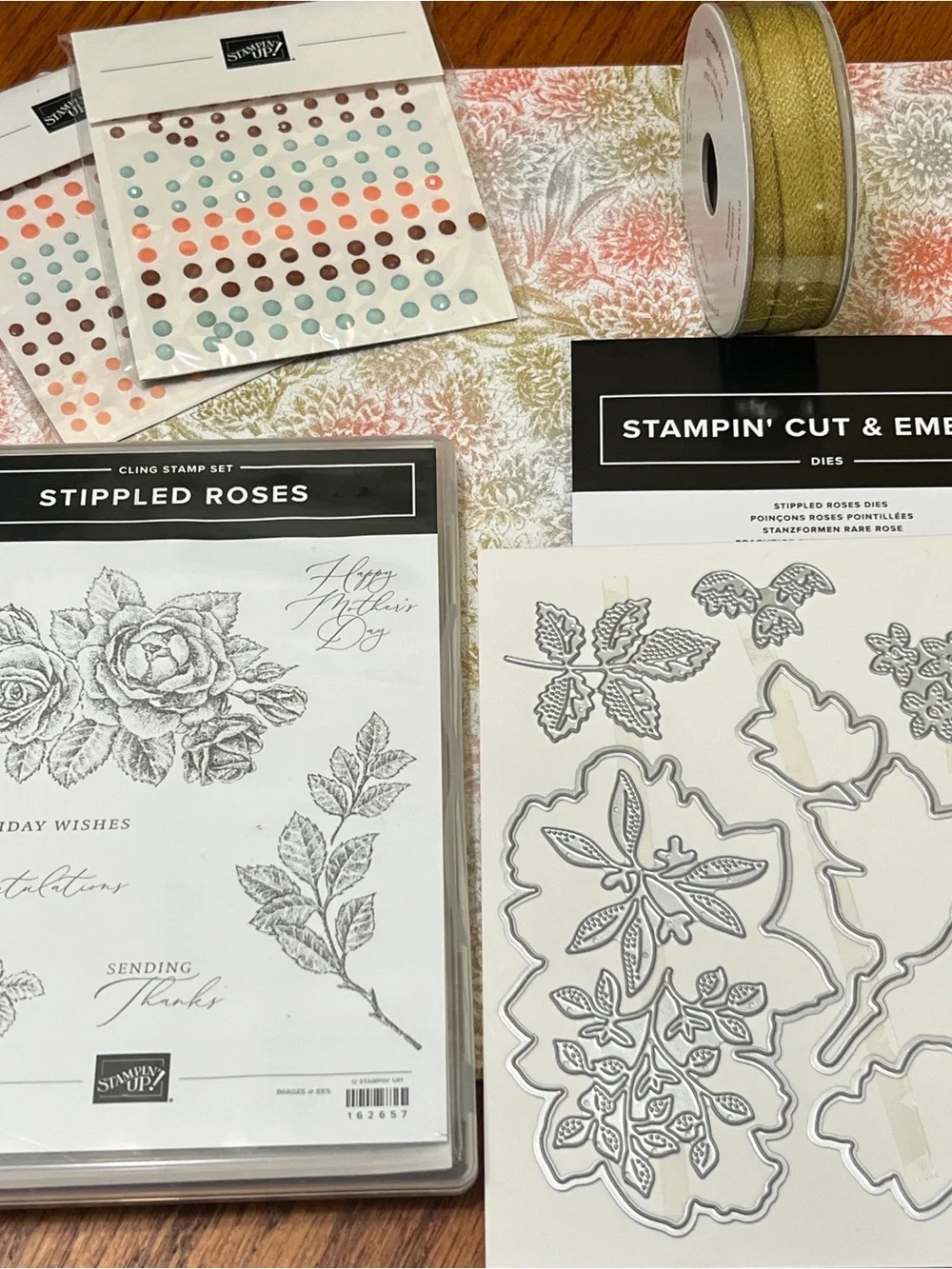 Stampin’ Up! Stippled Roses Bundle DSP Ribbon & Gems NEW